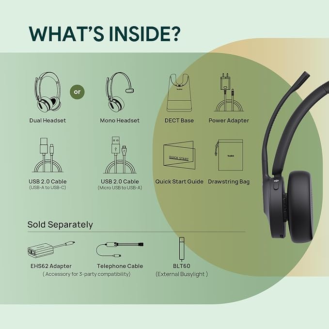 Yealink WH64 DECT & Bluetooth Mono Teams Wireless Headset, 606ft Long Range Work Headphones 3X Noise Cancelling Mic, 26H Calls, Ringtone, Office Single On Ear Headsets (DeskPhone,Laptop,PC,Cellphone)