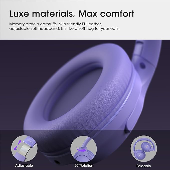 Bluetooth Headphones Over Ear, 80H Playtime Wireless Headphone with 3 EQ Modes, Built-in Mic, Deep Bass, HiFi Stereo Foldable Wireless Headset for iPhone PC Travel Workout Office (Purple)