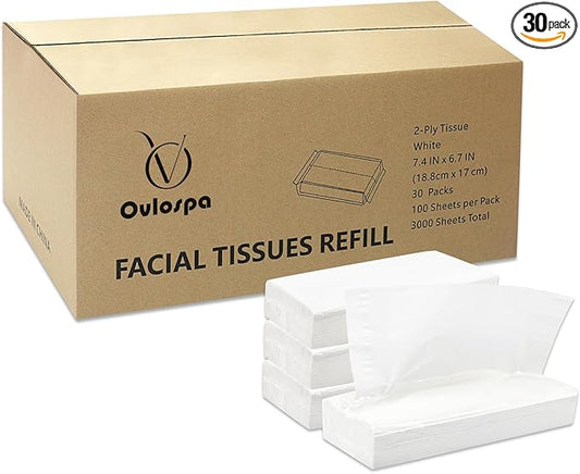 Facial Tissue Refill - 30 Packs, 100 Per Pack, 3000 Total for Tissue Box Holder. Soft Tissues Bulk for Home Office Car Restaurant Hotel