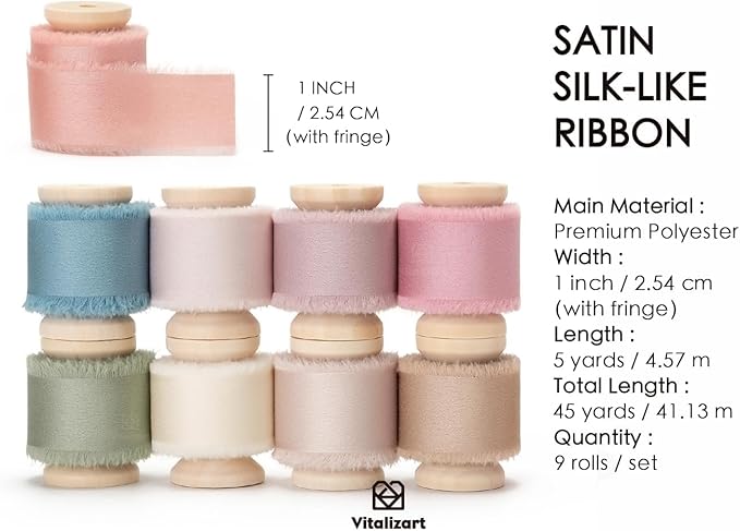 Vitalizart Silk Satin Ribbon 1 Inch x 45 Yard Wooden Spool Handmade Frayed Ribbon for Gift Wrapping Baby Shower Wedding Bridal Bouquets Holiday Decor 9 Rolls x 5 Yard