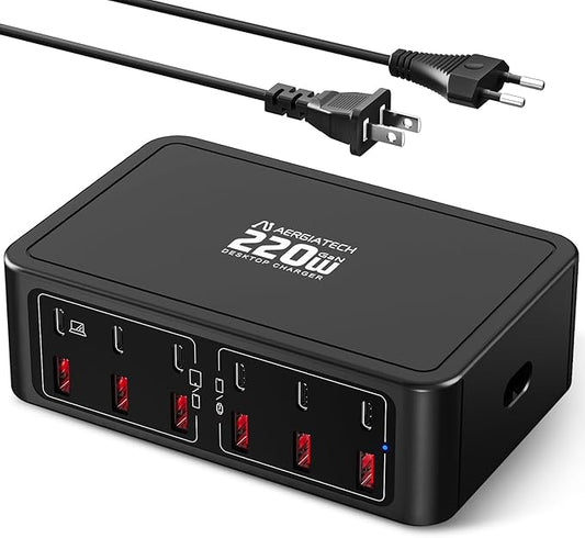 220W USB C Charging Station, 12-Port GaN Charger Hub,65W Laptop Charger Adapter for MacBook Pro/Air iPad Pro iPhone Google Pixelbook ThinkPad Dell XPS Galaxy S23 Steam Deck -Black
