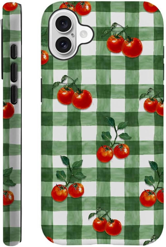 DAIZAG Case Compatible with for iPhone 16,Green Red Checkerboard Tomatoes Watercolor Phone Case for iPhone 16 for Girl Women Boy Men