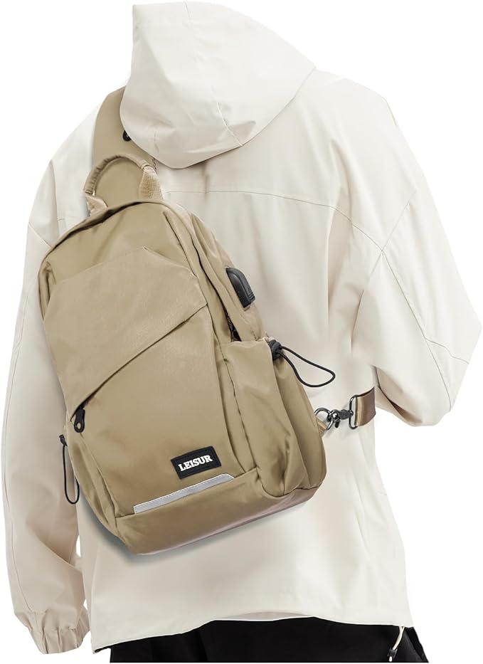 Khaki Sling Bag for Men women, Small Anti Theft One Strap Motorcycle Backpack, Mini Sling Tactical Chest Bag Daypack Crossbody Sling Backpacks for Casual Travel Hiking Gym Outdoor Sports