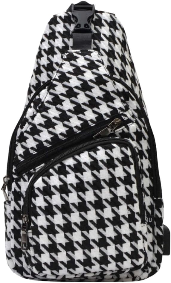Anti-Theft Daypack Crossbody Sling Backpack, USB Charging, Lightweight Day Pack for Travel, Hiking, Everyday, Large, Houndstooth