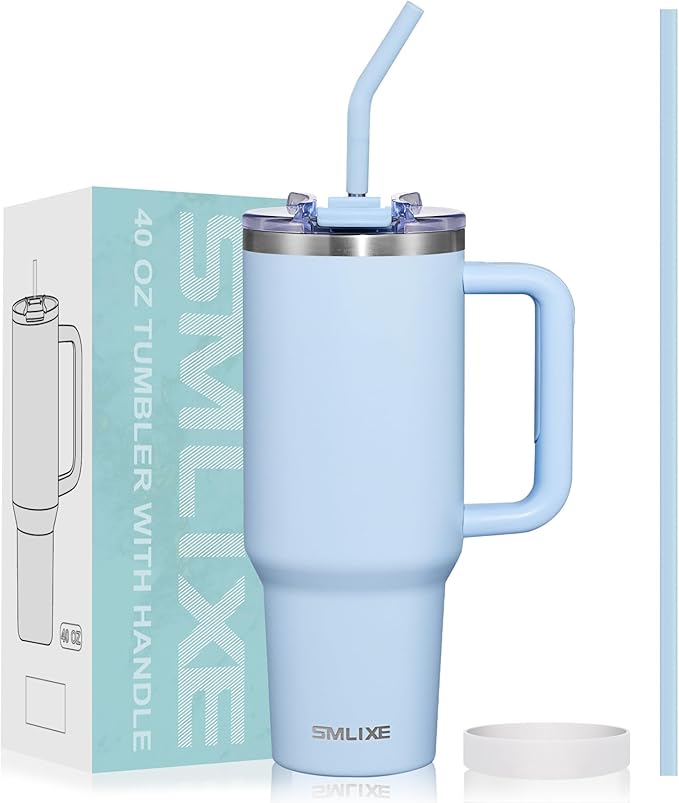 40 oz Tumbler with Handle and Straw Lid,Insulated Reusable Stainless Steel Water Bottle Travel Mug，Cupholder Friendly Double Wall Vacuum Sealed Cup (Sky Blue)