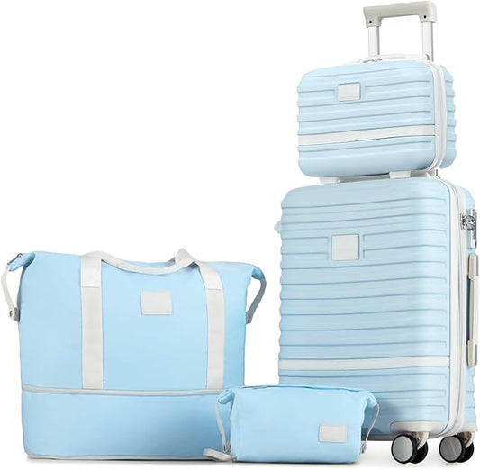 Joyway Carry On Luggage 20 Inch Expandable Suitcase with Spinner Wheel, 4 Piece Hard Shell Luggage Set with TSA Lock(Lightblue brown)