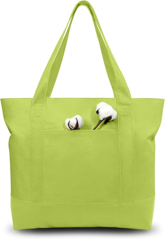 TOPDesign 1-Pack Canvas Tote Bag with an External Pocket, Reusable Grocery Shopping Bag, Top Zipper Closure, Daily Essentials (Light Green)