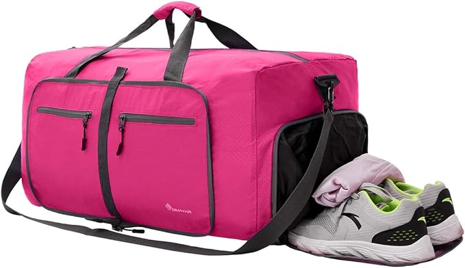 Dimayar Travel Duffle Bag for Men Women - Foldable Duffel Bag with Shoes Compartment - Overnight Bags Waterproof & Tear Resistant(115L,Fuchsine)