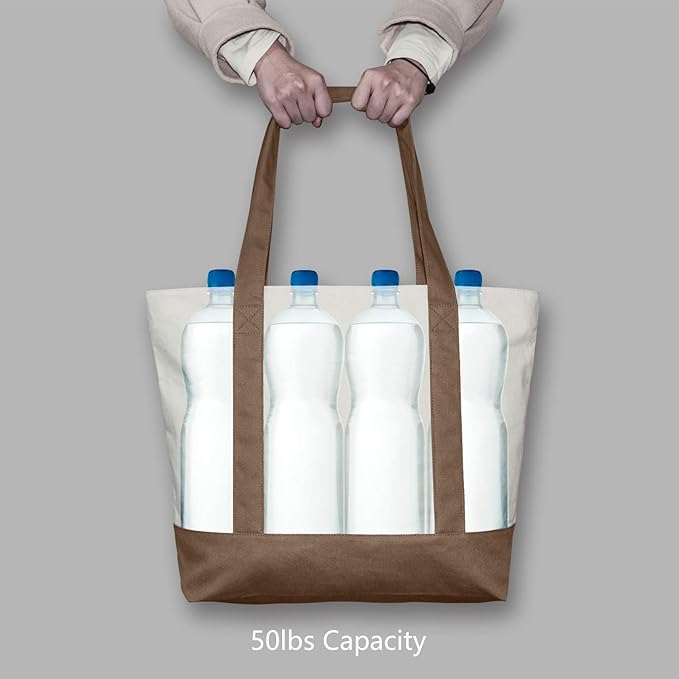 TOPDesign 6-Pack Canvas Tote Bags with an External Pocket, Reusable Grocery Shopping Bags, Top Zipper Closure, Daily Essentials (Brown/Natural)