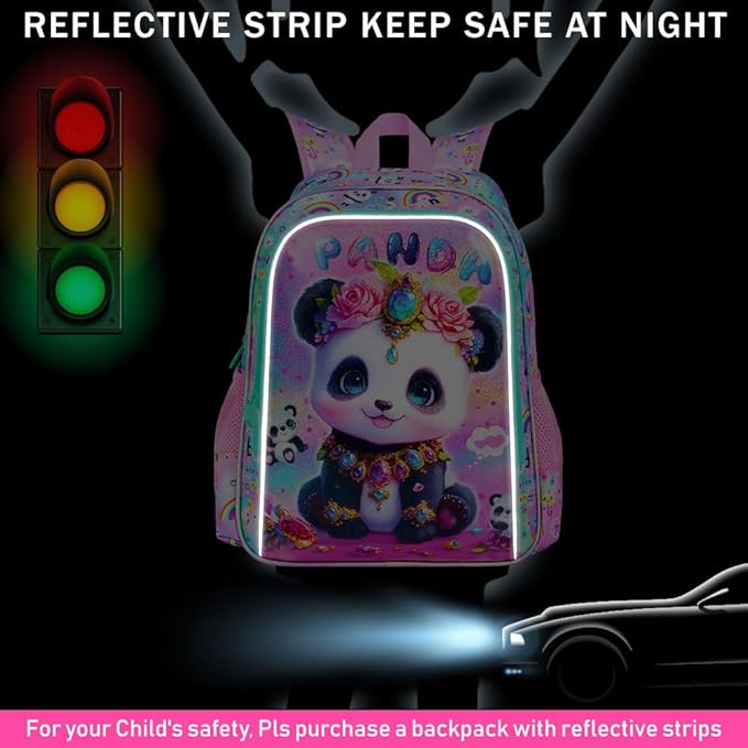 3Pcs Panda Backpack for Girls, 16" Kids School Backpacks with Lunch Box, Bookbag for Elementary Preschool Kindergarten(Pink)