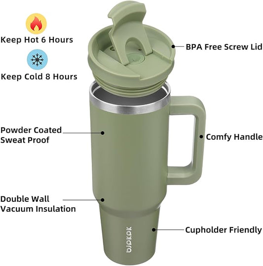BJPKPK 40 oz Insulated Tumbler With Lid And Straw Stainless Steel Tumblers Cup With Handle For Women And Men,Sage