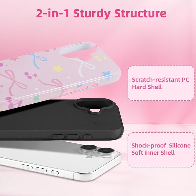 QLTYPRI Case for iPhone 16, Aesthetic Colorful Bow Cherry Stars Phone Case for Girls Women, Protective Hybrid 2-Layer Hard Shell Silicone Cover Durable Shockproof Phone Cover - Pink