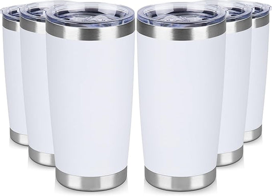 20 oz Tumbler Stainless Steel Tumblers Bulk with Lid Double Wall Insulated Coffee Tumbler Cups for Hot & Cold Drinks Powder Coated Travel Coffee Tumbler Mug Metal (White, 6 pack)