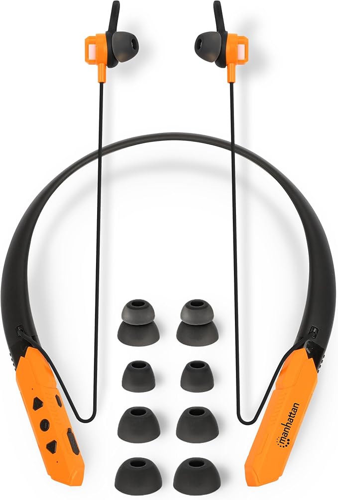 MANHATTAN Bluetooth Wireless Neckband Headphones — Work Earbud Earphones with 15H Playtime, Noise-Isolating, IPX4 Water Resistant, Built-in Mic – for Work, Music, Calls – 3 Yr Mfg Warranty -179829