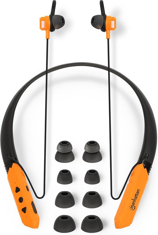MANHATTAN Bluetooth Wireless Neckband Headphones — Work Earbud Earphones with 15H Playtime, Noise-Isolating, IPX4 Water Resistant, Built-in Mic – for Work, Music, Calls – 3 Yr Mfg Warranty -179829