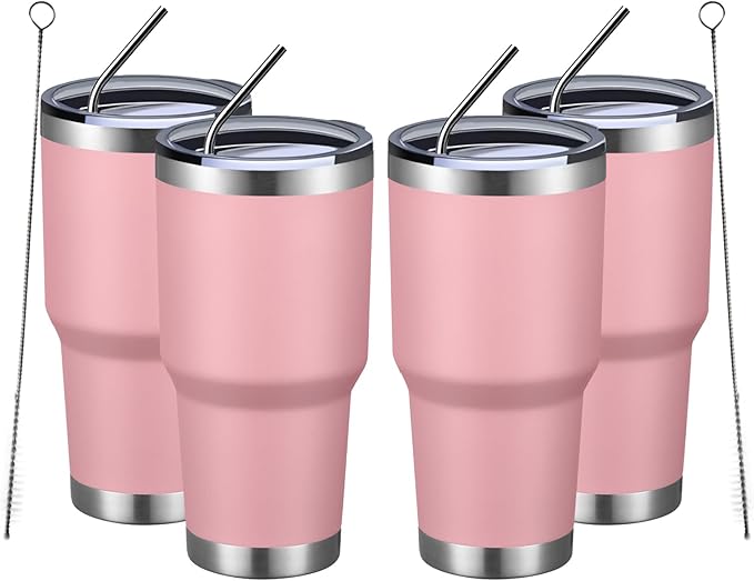 MEWAY 30oz Insulated Tumbler With Lids and Straws,Stainless Steel Double Vacuum Coffee Tumbler Cup, Brush, Durable Powder Coated Coffee Cup for Cold & Hot Drinks, Office, Travel(Pink,4 PACK)
