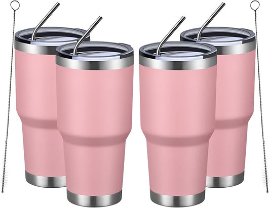 MEWAY 30oz Insulated Tumbler With Lids and Straws,Stainless Steel Double Vacuum Coffee Tumbler Cup, Brush, Durable Powder Coated Coffee Cup for Cold & Hot Drinks, Office, Travel(Pink,4 PACK)