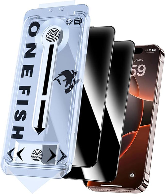 One Fish Privacy Screen Protector for iPhone 16 Plus (6.7 inch), Airbag Edge Protection, Anti Spy Private Tempered Glass Film with Installation Frame,9H Glass Scratch Resistant,Easy Installation,2Pack.