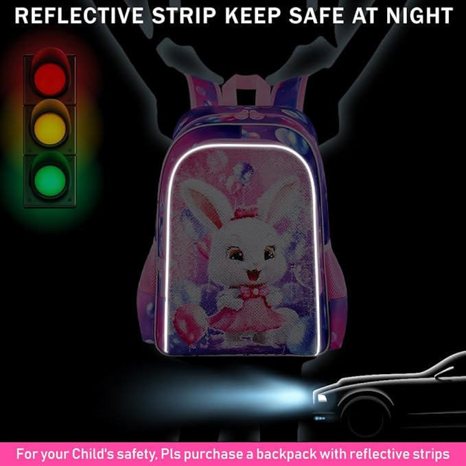 16" Bunny Backpack, 3Pcs Girls Sequin Bookbag for Elementary Preschool Kindergarten, Kids School Backpacks with Lunch Box(Pink)