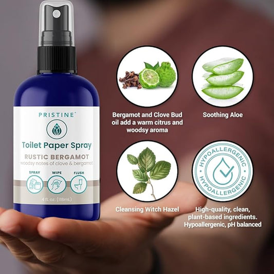 PRISTINE Toilet Paper Spray Instead of Wipes and Bidets - Like Foam Alternative and Gel Alternatives to Wipes, is a Refreshing Bidet Attachment Substitute, Rustic Bergamot, 4 fl oz