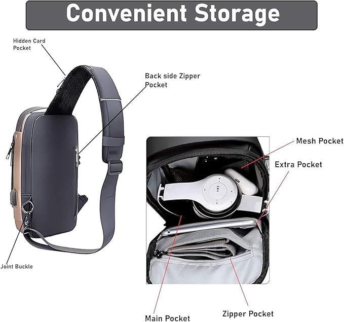 Unisex Anti-Theft Sling Bag with USB Port, Water-Resistant Crossbody Chest Backpack for Travel & Work