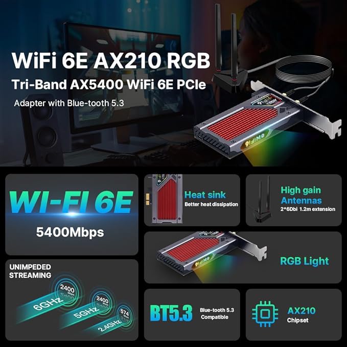 fenvi AX210 WiFi 6E PCI-E WiFi Adapter BT5.2 RGB Gaming 802.11ax ac 160MHz 2.4GHz 5GHz 6GHz Tri-Band 5400Mbps AX210NGW Desktop WiFi Card for PC Windows(Only WiFi 6E Router Antennas Support 6Ghz Band)
