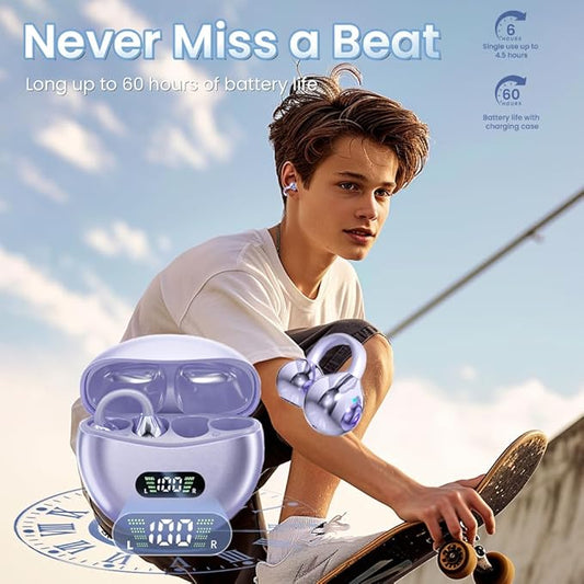 Clip on Earbuds Open Ear Wireless Bluetooth 5.4 Headphones with Mic,60H Play,Noise Cancelling,Waterproof,Sports Ear Buds,Comfortable for Small Ears & Glasses Wearers,Workouts (Purple)