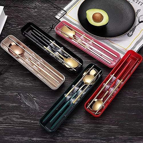 4 Pcs Portable Stainless Steel Tableware Set, Dishwasher Safe Reusable Flatware Cutlery Set, Include Fork Spoon Chopsticks with box (Golden pink)