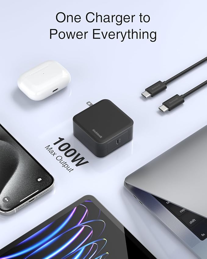 Nekteck 100W USB C Charger, Compact and Foldable Fast Charging GaN IV Charger with 6.6 Ft Cable, Compatible with MacBook Air/Pro, iPad Pro and All USBC Devices (Black)