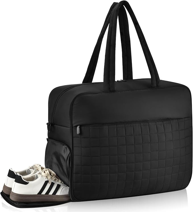 Felipe Varela Large Puffy Tote Bag, Gym Bags for Women with Shoe Compartment, Weekender Overnight Lightweight Carry on Puffer Duffle Bag for Travel (Black,36L)