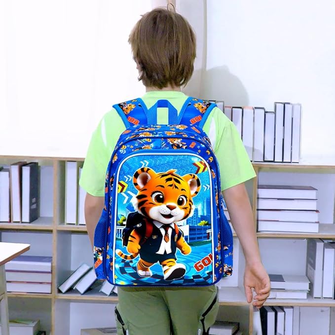 CCJPX 16" Kids Backpack for Boys, 3PCS Tiger Water Resistant Preschool Bookbags, Cool Kindergarten School Backpacks and Lunch Box