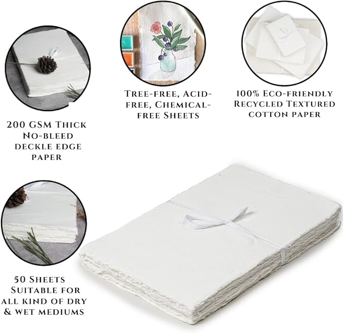 50 Sheets - Rough/Textured Watercolor Paper - 7.5 X 11.5 inches(150GSM) - Handmade/Deckle Edge Paper Made from Virgin Egyptian Cotton - Off-White by Leather Village