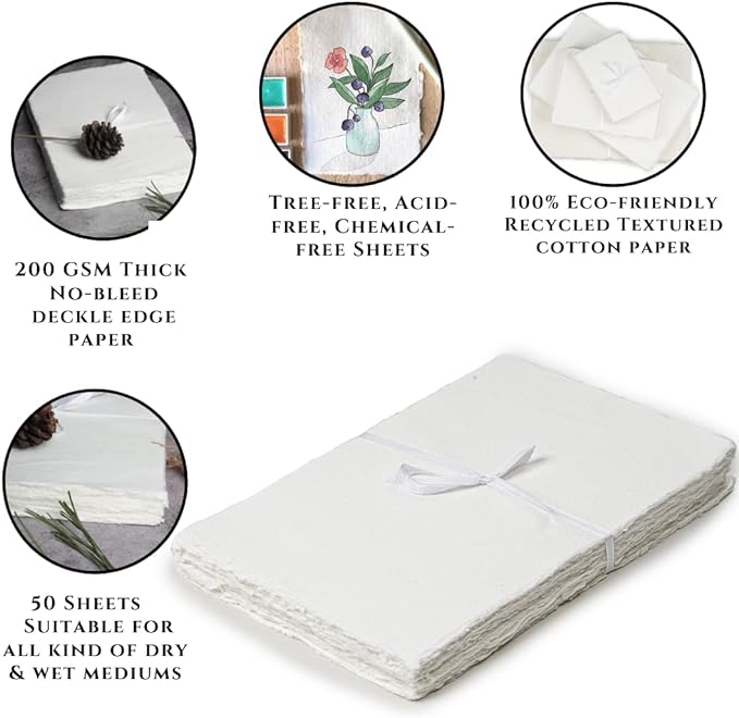 50 Sheets - Rough/Textured Watercolor Paper - 12.5 X 16.5 inches(150GSM) - Handmade/Deckle Edge Paper Made from Virgin Egyptian Cotton - Off-White by Leather Village