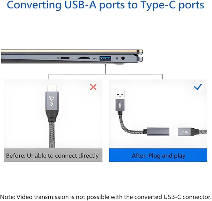 [10Gbps] High-Speed A to C Adapter with USB to USB C Cable, Female – 60W Fast Charging and Data Transfer Compatible with Laptop, PC, Flash Disk, Charger (0.41 ft Grey)