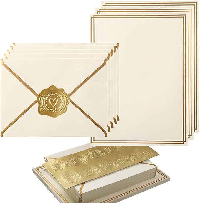 50 Pack Stationery Set with Gold Border, A6 Envelopes and 6x8 Paper Sheets and Stickers for Writing Letters (Cream Color, 6x8 Inches)