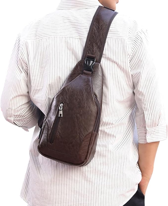 Peicees Leather Sling Bag Mens Crossbody Bag Chest Bag Sling Backpack for Men with USB Charge Port