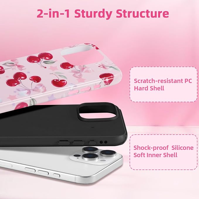 QLTYPRI Case for iPhone 15 Pro Max, Aesthetic Cute Pink Cherry Bow Phone Case for Girls Women, Protective Hybrid 2-Layer Hard Shell Silicone Cover Durable Shockproof Phone Cover - Pink