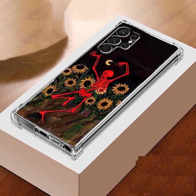 Case for Samsung Galaxy S23 Ultra with Dancing Skull Design,Cute Hippie Skeleton Flowers Pattern,Clear Soft TPU Bumper Phone Cover,6.8"(Skull,S23U)