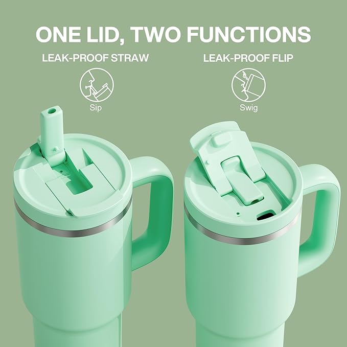 40 oz Tumbler with Handle and Straw: Stainless Steel Insulated Tumbler Keeps Cold for 24 Hours, Leakproof Travel Cup Fits in Cup Holder and BPA-Free, Brook Green