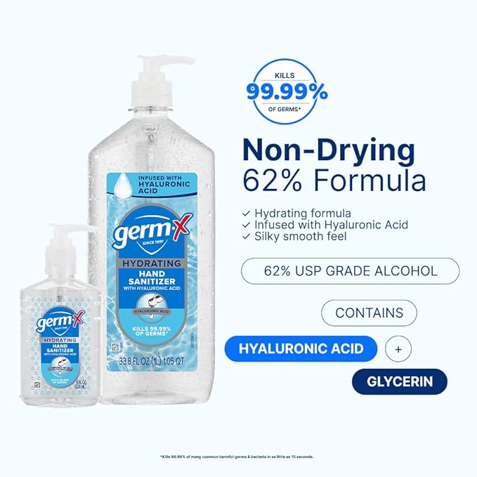 Germ-X Hand Sanitizer, Hydrating with Hyaluronic Acid, 1L Bulk Pack, Instant & No Rinse Formula, Sanitizing Liquid Gel for All Skin Types, Formulated without Parabens, Phthalates & Dyes