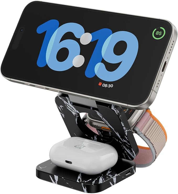 Fast Wireless Charger, Magnetic Foldable 3 in 1 Charging Station for iPhone 17/16/15/14/13/12 Pro/Plus/Pro Max, 5W Portable Charger for Apple Watch9/8/7/6/5/4/SE, for Airpods
