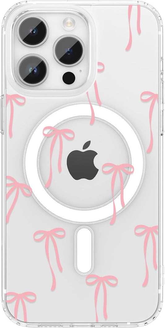 ZTOFERA for iPhone 15 Pro Max Magnetic Case Clear,Cute Love Heart Ribbon Bow Tie Aesthetic Phone Case,Transparent Trendy Slim Soft Shockproof Protective Phone Cover for Women Girls,Pastel Pink
