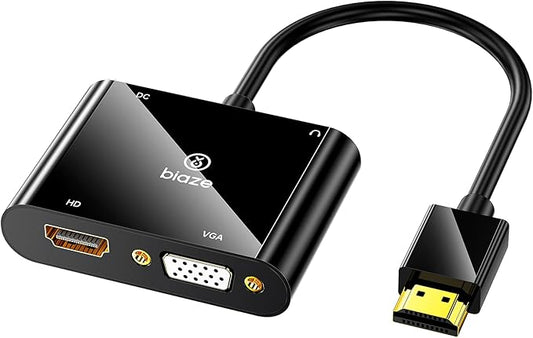 HDMI to VGA and HDMI Adapter, Dual Output 1080P Video Converter with Audio, USB-Powered HDMI Splitter for Laptop, TV Box, Projector, Monitor