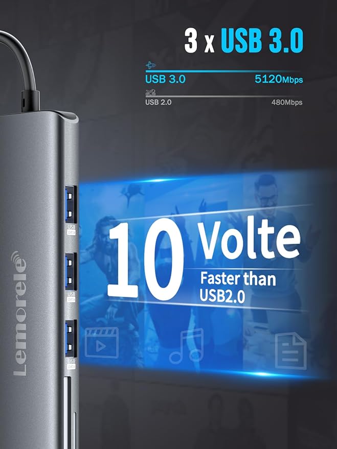 Lemorele USB C Hub 8-in-1 Adapter, USB-C Hub with 4K HDMI Output, 100W Power Delivery, USB 3.0 5Gbps Port, SD/TF Card Reader Adpater, Compatible for MacBook Pro, XPS, Chromebook and More(Blue)