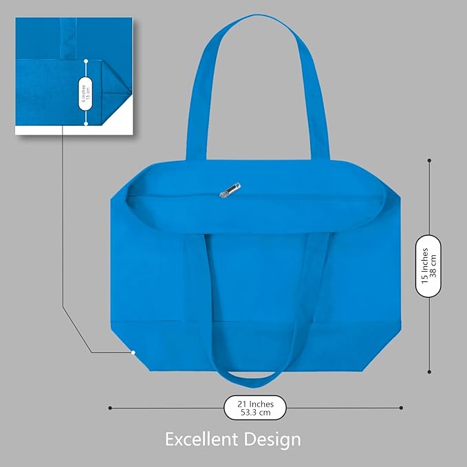 TOPDesign 6-Pack Canvas Tote Bags with an External Pocket, Reusable Grocery Shopping Bags, Top Zipper Closure, Daily Essentials (Ocean Blue)