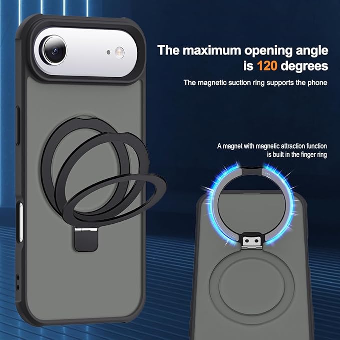 Compatible with iPhone 17 Air Case with Invisible Magnetic O-Ring Stand Military-Grade Translucent Phone Case for iPhone 17 Air 6.5" [Compatible with Mag-Safe][Great Grip Feeling], Black