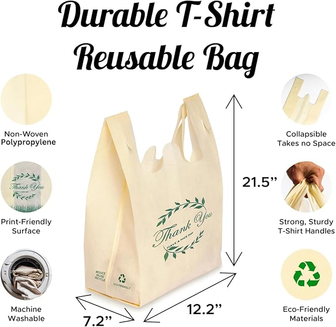 Simply Cool 300 Pack Reusable Thank You Eco-Friendly Grocery T-Shirt Shopping Bags 21.5”x12.2”x7.2” Durable, Recyclable Shopping Bags Washable, Foldable, Portable Tote Bags Bulk
