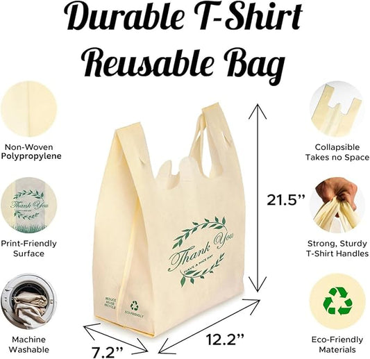 Simply Cool 300 Pack Reusable Thank You Eco-Friendly Grocery T-Shirt Shopping Bags 21.5”x12.2”x7.2” Durable, Recyclable Shopping Bags Washable, Foldable, Portable Tote Bags Bulk