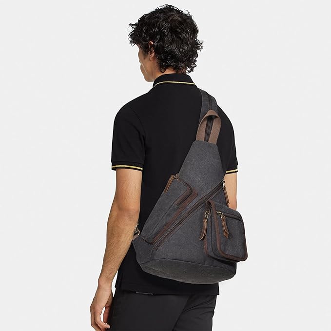 KL928 Canvas Sling Bag - Casual Crossbody Shoulder Daypack Rucksack Backpack for Men Women, Black