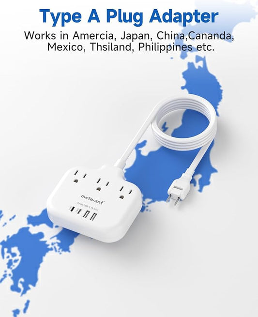 US to Japan Adapter, meta-ant 2 Prong to 3 Prong Outlet Adapter with 3 Outlets & 4 USB(2 USB-C), 5FT Extension Cord, 180 Rotating Flat Plug 1875W, Type A Plug Adapter for USA to Japanese China Canada